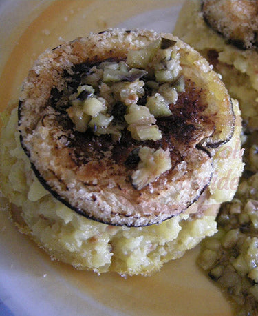 foto ricetta Tortino di riso alle castagne e zafferano con melanzane grigliate 