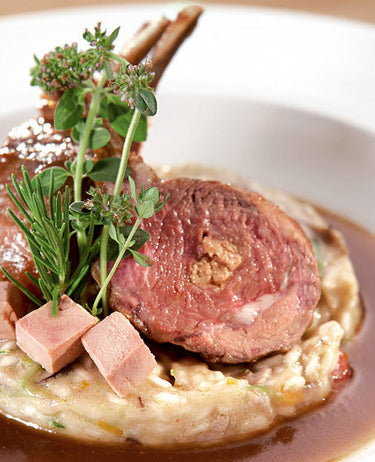 foto ricetta Riso all'ortolana con carrè di agnello, fegato grasso e glassato allo sherry 