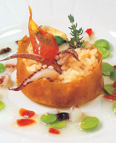 foto ricetta Riso con seppie, scampi e ragù di pomodoro con piselli e cannellini 