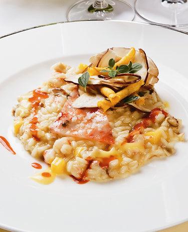 foto ricetta Riso con gamberi di San Remo, funghi porcini e pesche percocche 