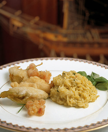 RISOTTO WITH SHELLFISH AND COURGETTE FLOWER FONDUE 