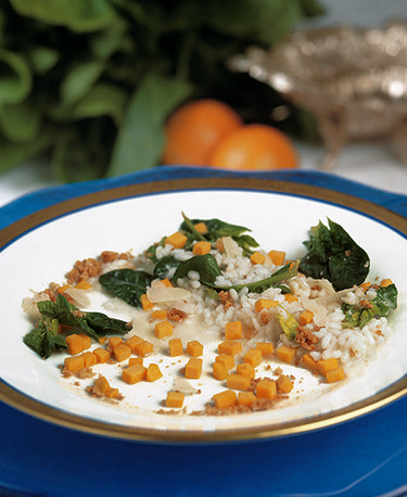 RISOTTO WITH WILD SPINACH, BUTTERNUT SQUASH AND AMARETTO COOKY 