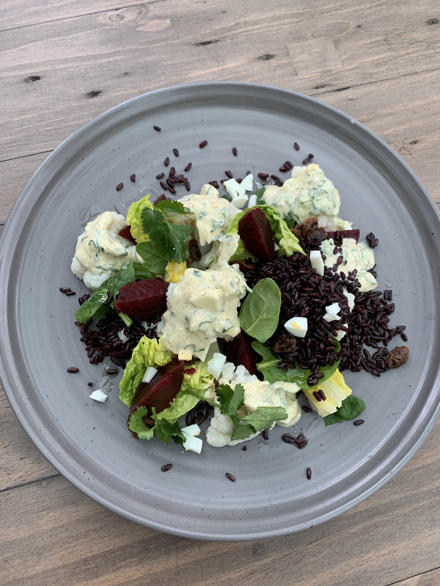 CAULIFLOWER, BEETROOT & BLACK RICE SALAD WITH CURRIED EGG DRESSING 