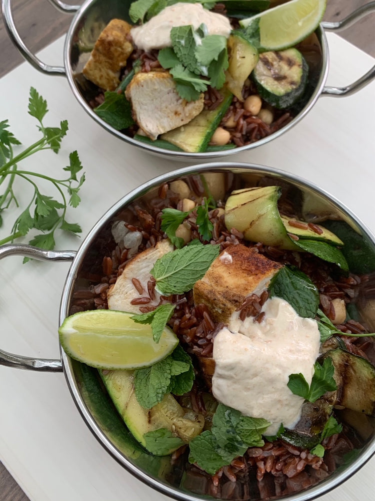PUNJABI GRILLED CHICKEN SALAD WITH CHICKPEA RICE AND PEANUT YOGHURT 
