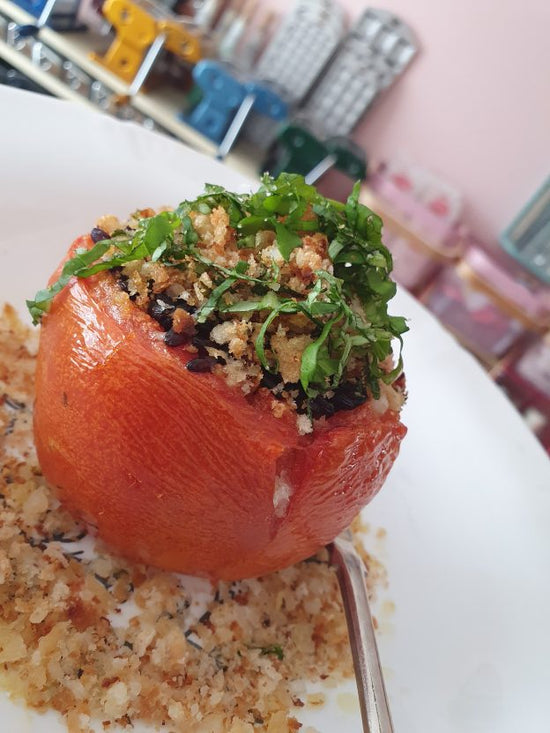 BLACK RICE FILLED TOMATOES WITH BREADCRUMBS 